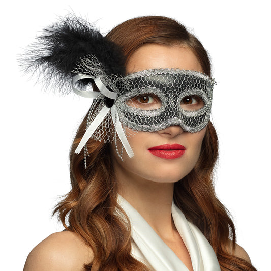 Masque Vénitien Argent Pailleté avec Plumes Noires et Strass