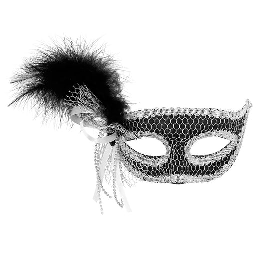 Masque Vénitien Argent Pailleté avec Plumes Noires et Strass