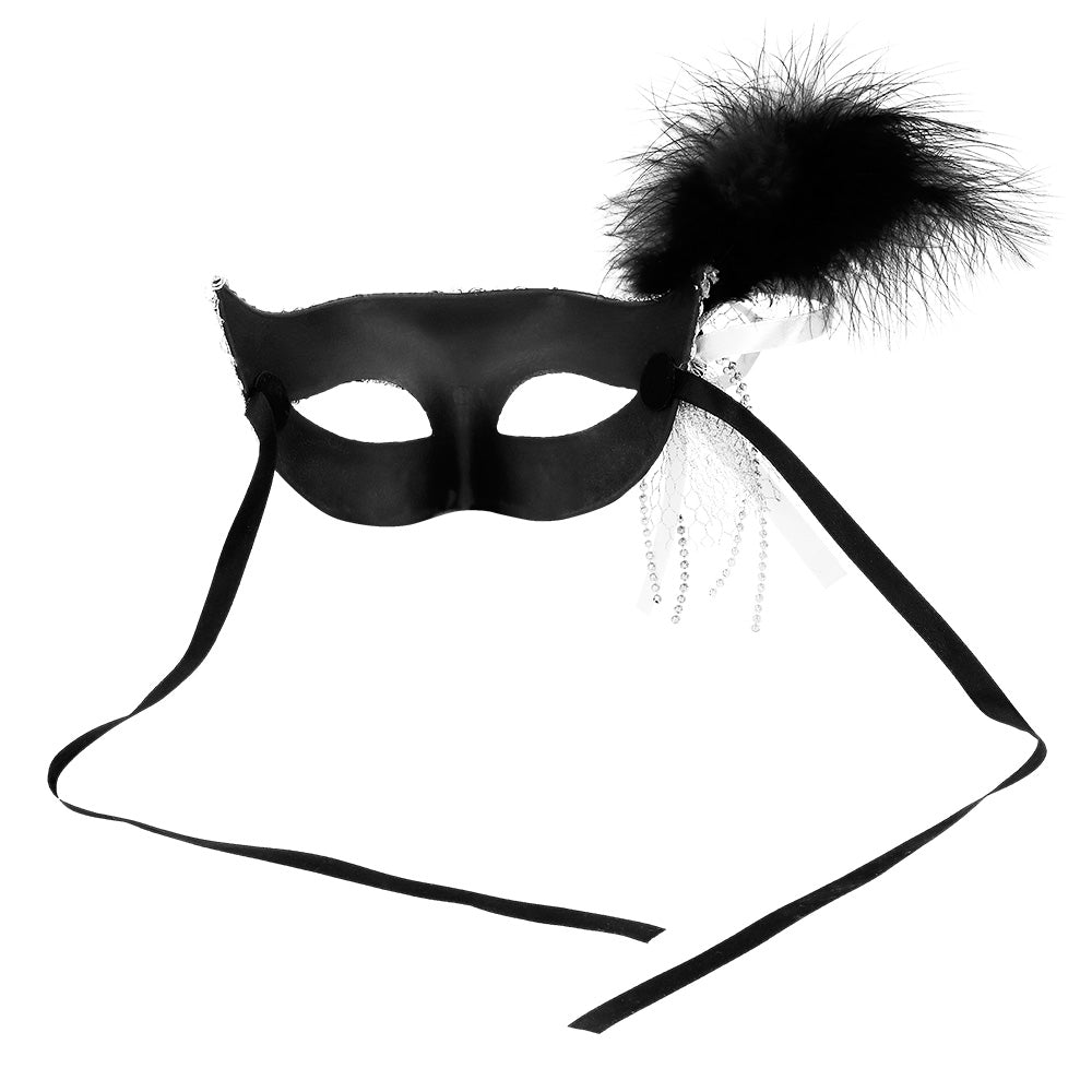 Masque Vénitien Argent Pailleté avec Plumes Noires et Strass