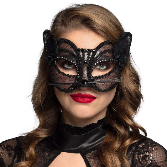 Masque Chat Noir Dentelle Strass - Accessoire Soirée Glamour