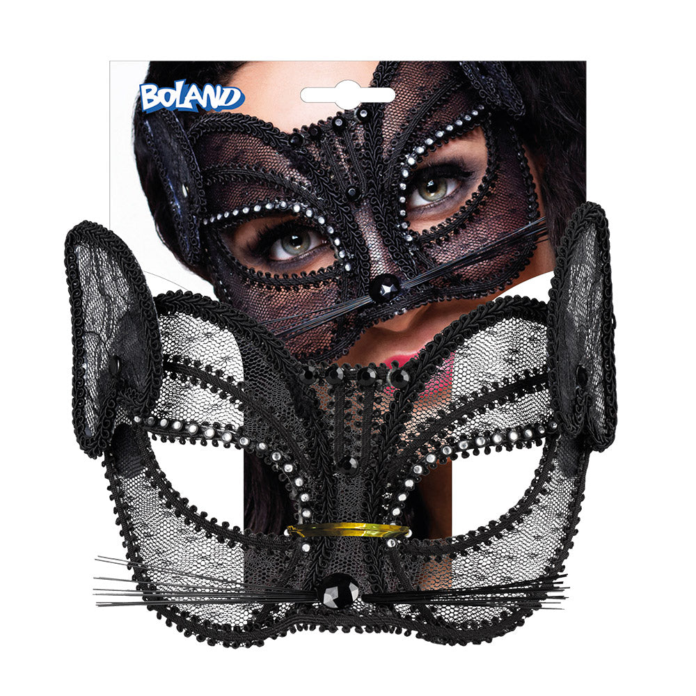 Masque Chat Noir Dentelle Strass - Accessoire Soirée Glamour