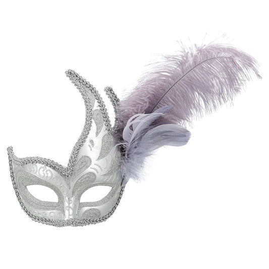Masque Vénitien Blanc avec Plumes Violettes - Déguisement