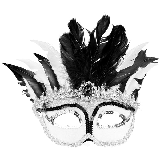 Masque Vénitien Blanc Plumes Noires Strass Carnaval