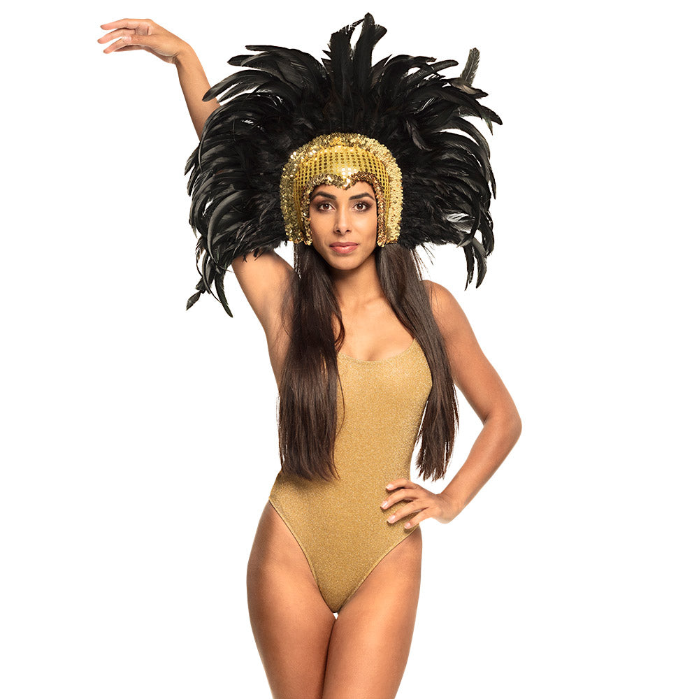 Coiffe de Plumes Noires et Or Luxe - Accessoire Cabaret