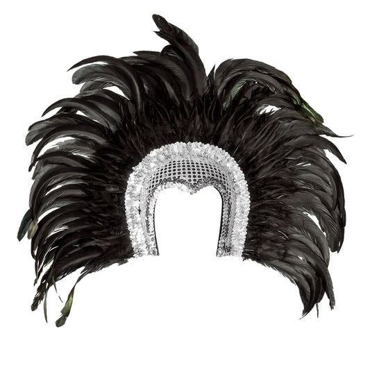 Coiffe Plumes Noires & Sequins Blancs - Accessoire Carnaval