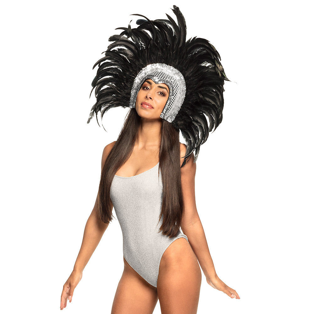 Coiffe Plumes Noires & Sequins Blancs - Accessoire Carnaval