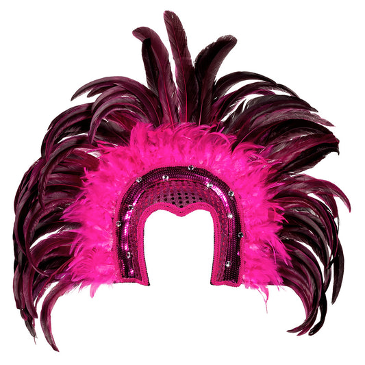 Coiffe Plumes Luxe Rose Fuchsia - Accessoire Cabaret Sequins