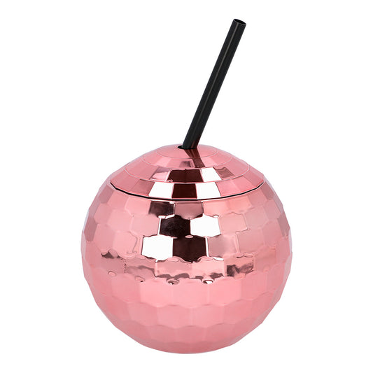 Verre Disco Ball Rose avec Paille - Accessoire Fête Brillant