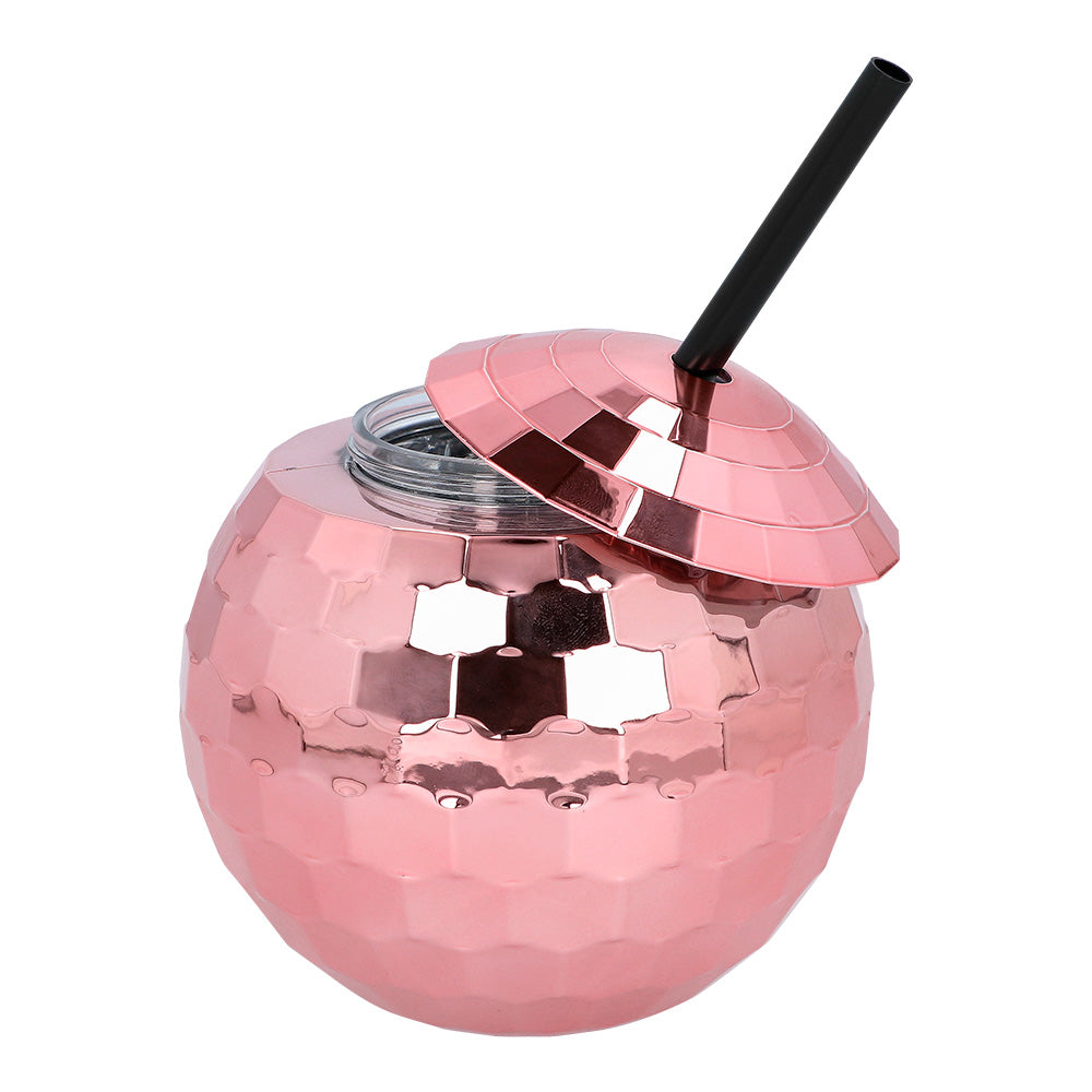 Verre Disco Ball Rose avec Paille - Accessoire Fête Brillant
