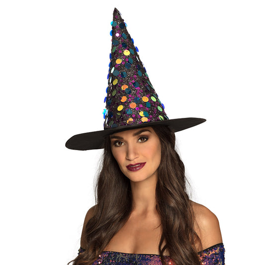 Chapeau de Sorcière Lumineux Halloween - Paillettes et LED Colorées