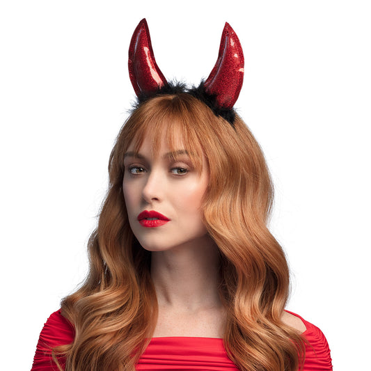 Cornes de Diable Pailletées Rouges avec Plumes Noires