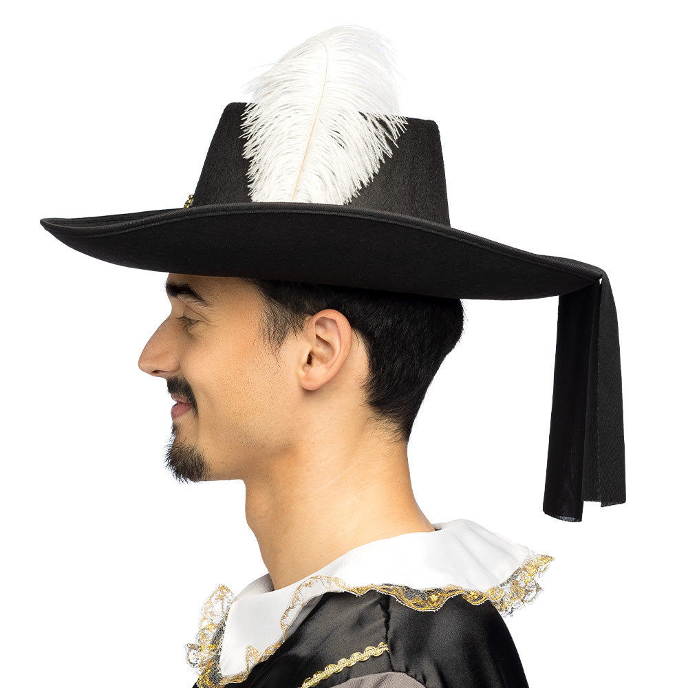 Chapeau Cow-boy Noir avec Plume Blanche et Boucle Dorée