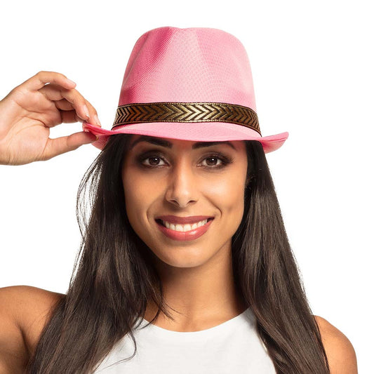 Chapeau Fedora Rose Femme Bande Dorée Accessoire Fête