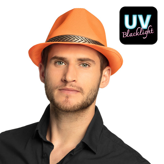 Chapeau Fedora Orange Fluo Déguisement Adulte Bande