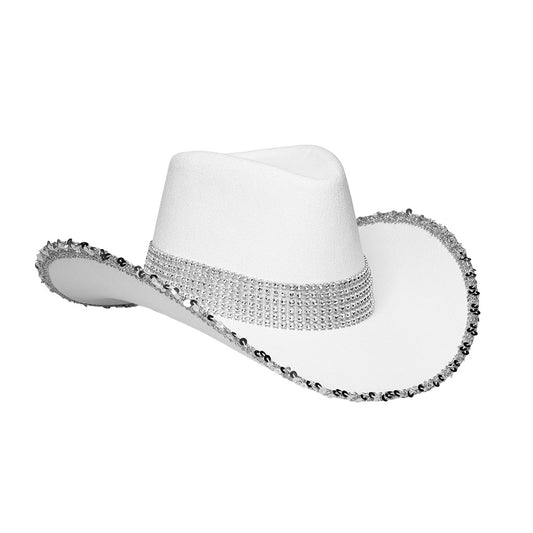 Chapeau Cowboy Blanc Strass Adulte - Accessoire Soirée