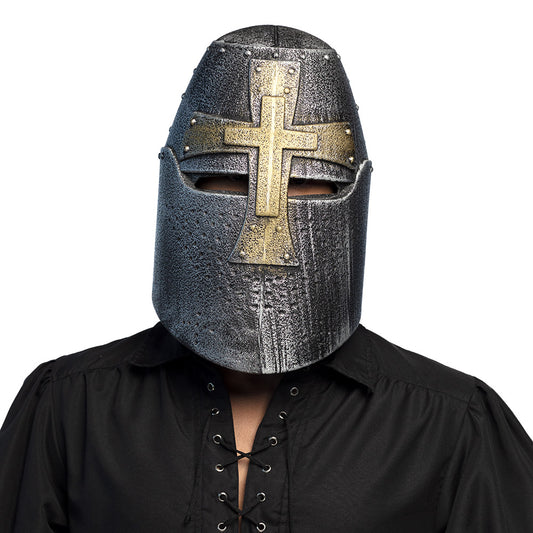 Casque Chevalier Médiéval Gris avec Croix Dorée