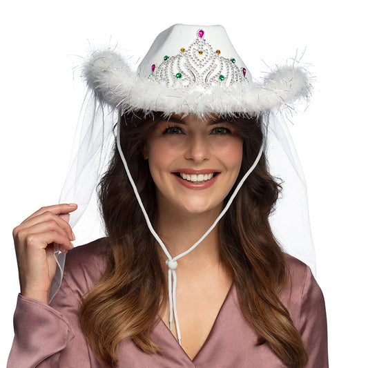 Chapeau Cow-girl Blanc Luxe avec Tiare Strass et Voile
