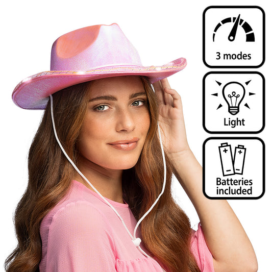 Chapeau Cowboy Rose Fluo LED - 3 Modes de Lumière