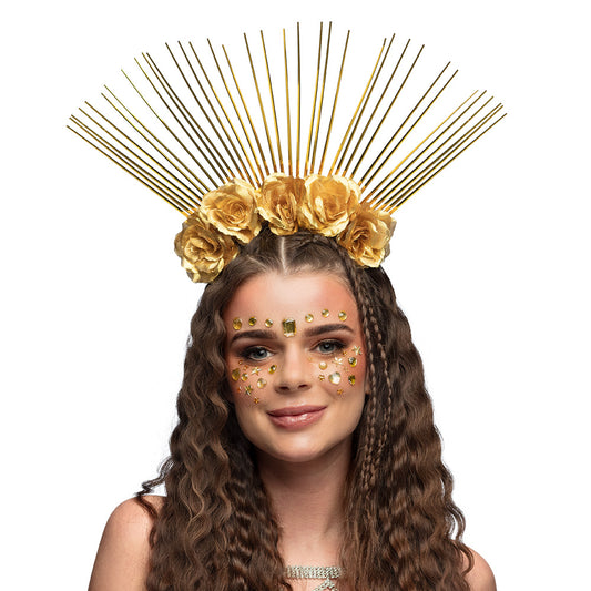 Couronne Dorée Fleurs & Halo Lumineux - Accessoire Fête Divin