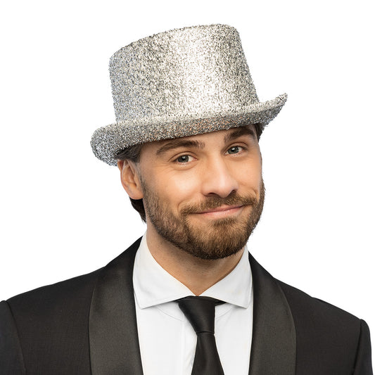 Chapeau Haut de Forme Paillettes Argent 59cm - Soirée