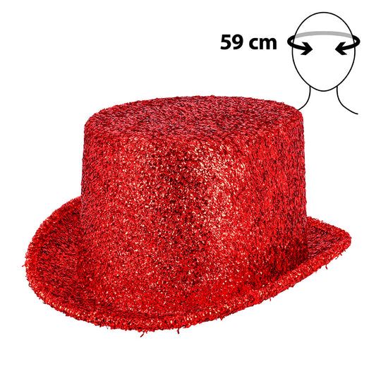 Chapeau Haut de Forme Paillettes Rouge 59 cm - Soirée Glamour