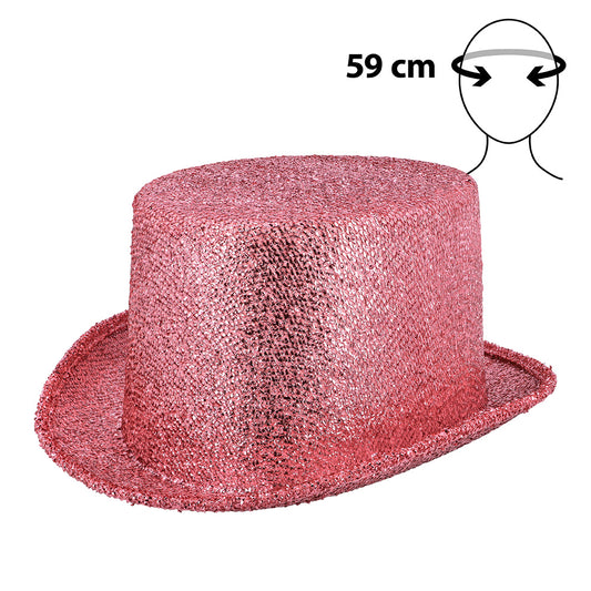 Chapeau Haut de Forme Paillettes Rose Brillant 59cm
