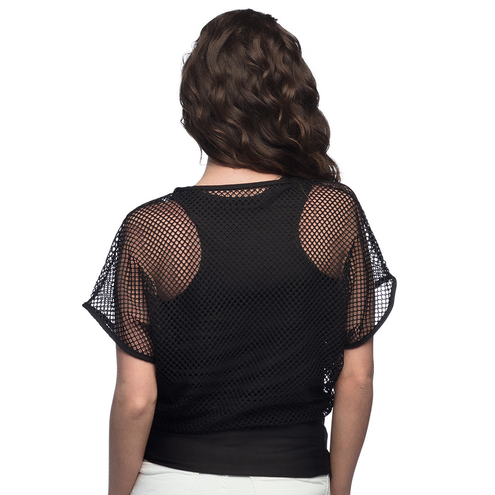 Top Ajouré Femme Noir - Mailles Filet Élégant Manches Chauve-Souris