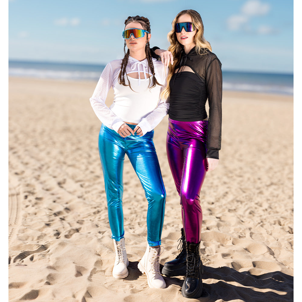 Legging Stretch Holographique Turquoise - Déguisement Disco Années 80