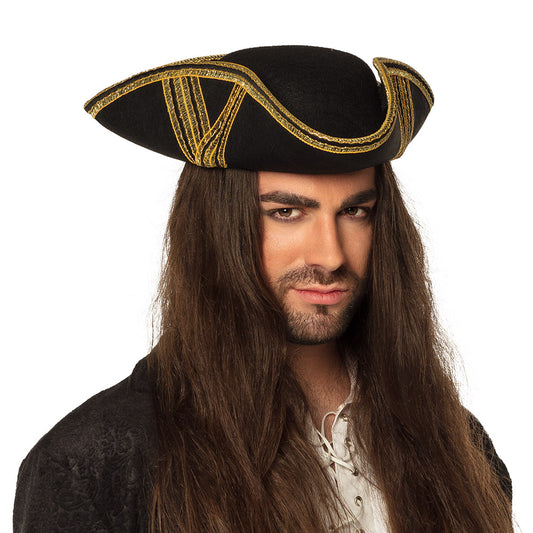 Chapeau Tricorne Pirate Noir et Or - Déguisement Adulte