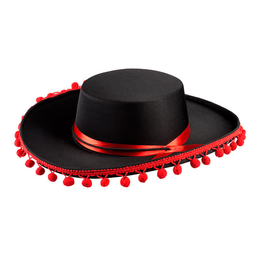 Sombrero Mexicain Noir Bords Rouges Pom-Poms - Déguisement