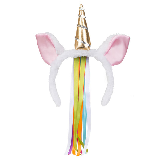 Serre-tête Licorne Magique avec Cornes Dorées et Rubans Arc-en-ciel