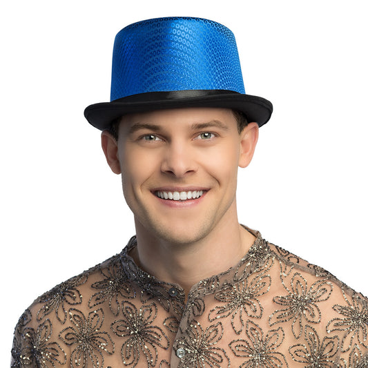 Haut de forme paillettes bleu électrique - Accessoire fête inoubliable