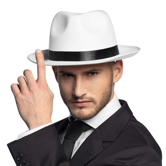 Chapeau Blanc Panama avec Ruban Noir - Déguisement Années 20