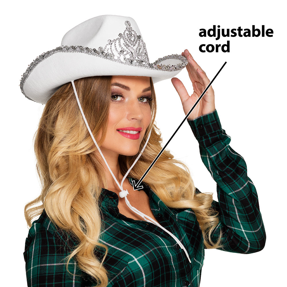 Chapeau Cowboy Blanc Luxe avec Tiare et Cordon Ajustable