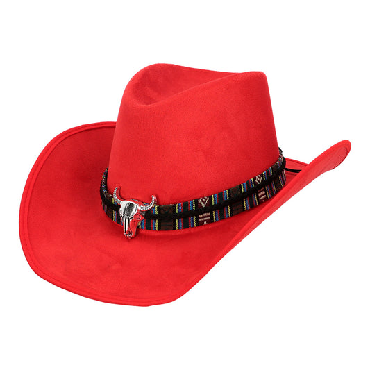 Chapeau Cow-boy Rouge Adulte avec Décoration Ethnique