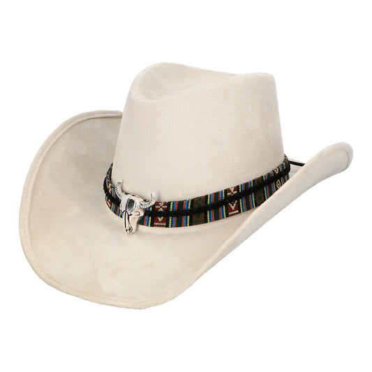 Chapeau Cowboy Blanc avec Bandeau Navajo et Crâne de Taureau