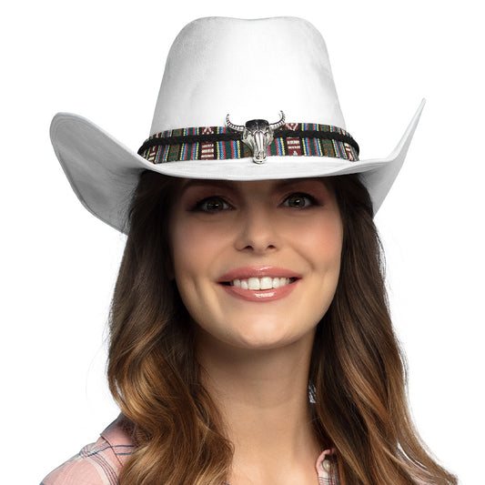 Chapeau Cowboy Blanc avec Ruban Ethnique et Crâne de Taureau