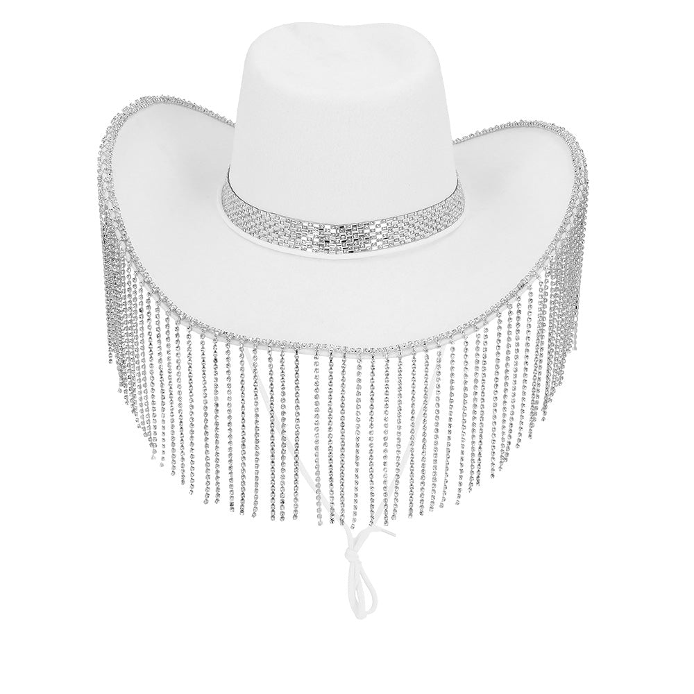 Chapeau Cow-boy Blanc Pailleté avec Frange Strass Argentée