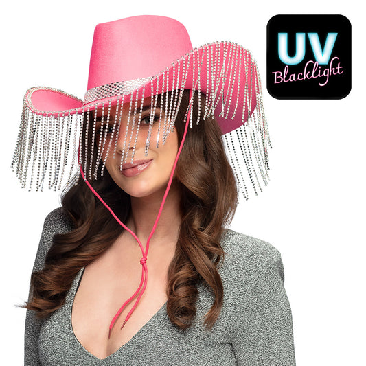 Chapeau Cowboy Rose Paillettes Frangé - Accessoire Festa Luxe