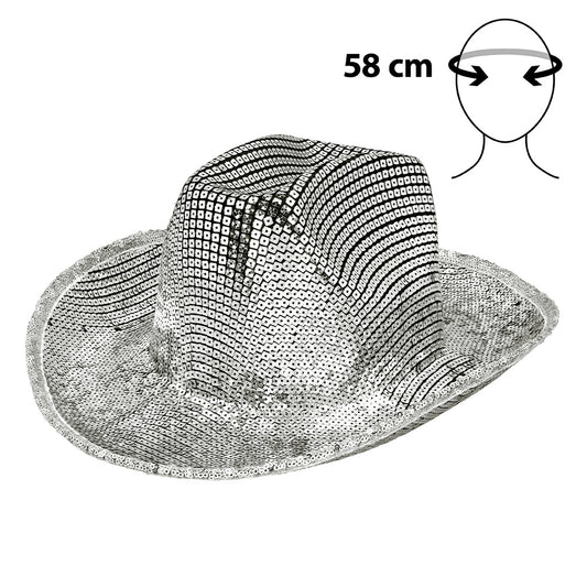 Chapeau Cowboy Paillettes Argent 58cm - Déguisement Festival