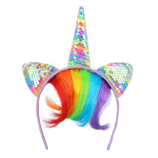 Serre-tête Licorne Paillettes Arc-en-ciel avec Cheveux