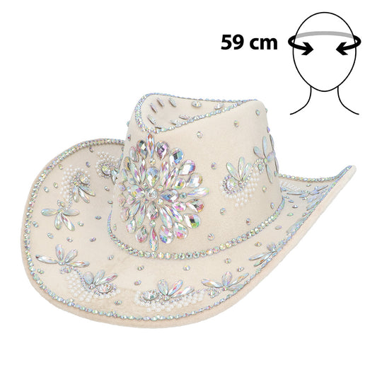 Chapeau Cowboy Blanc Perlé Strass Luxe - Déguisement Adulte