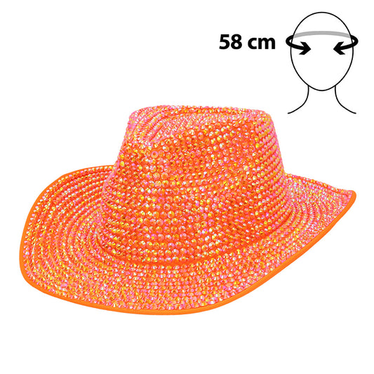 Chapeau Cowboy Paillettes Orange Fluo UV Blacklight