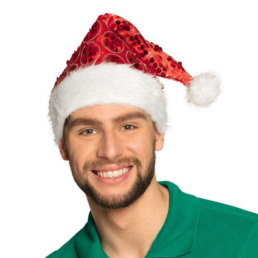 Bonnet de Noël Rouge Paillettes avec Pompon Blanc