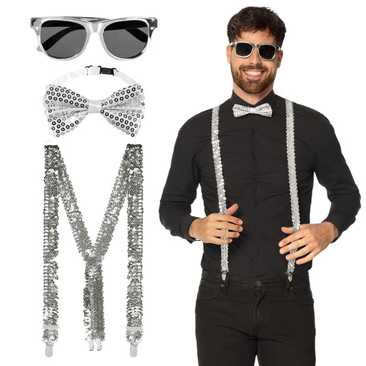 Kit Disco Paillettes Blanc - Lunettes + Nœud + Bretelles