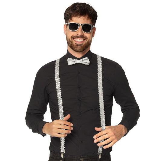 Kit Disco Paillettes Blanc - Lunettes + Nœud + Bretelles