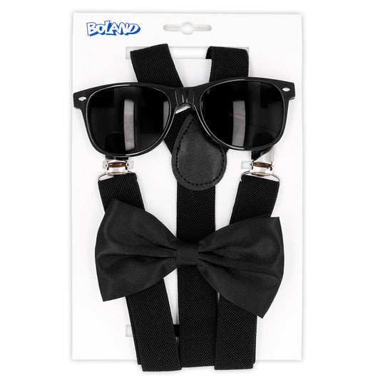 Kit Accessoires Soirée Chic - Lunettes, Noeud Pap' et Bretelles Noires