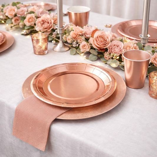 Set de Table Rose Gold 24 pièces - Assiettes, Gobelets et Serviettes