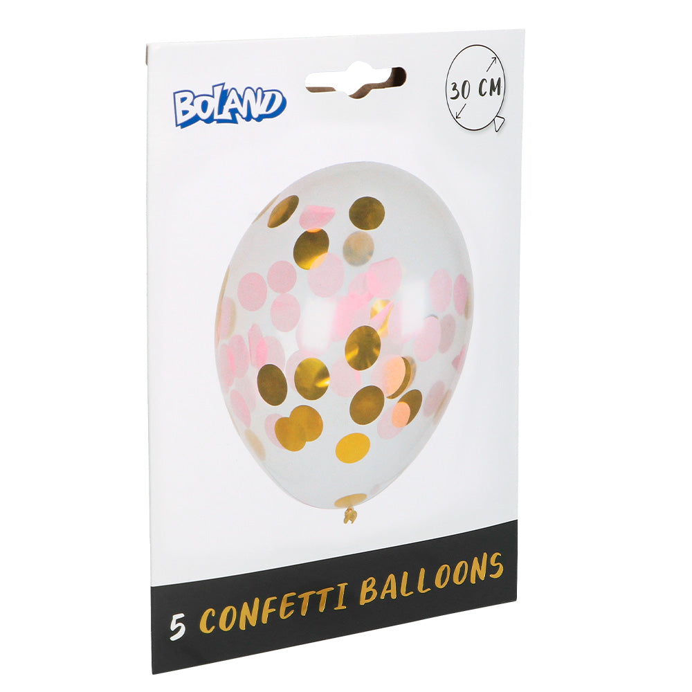 5 Ballons Confettis 30cm - Rose, Or et Blanc