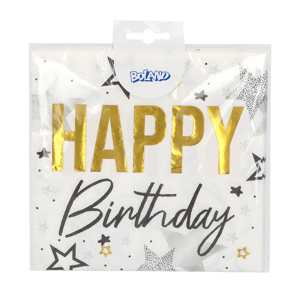 Serviettes Joyeux Anniversaire Étoiles Or - Lot de 20
